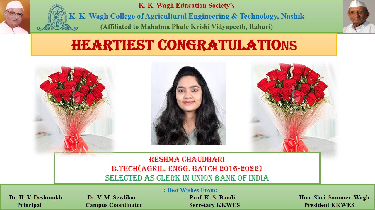 Reshma Chaudhari B.Tech(Agril. Engg. Batch 2016-2022) selected as Clerk in Union Bank of India
